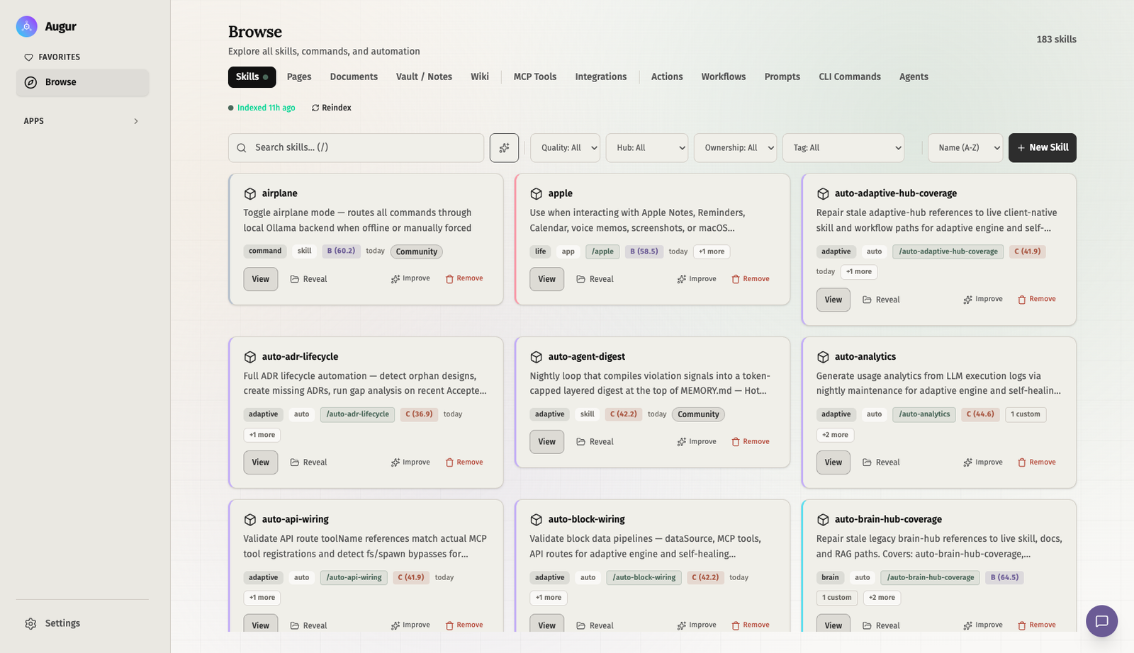 Augur Browse showing local skills, commands, and system structure