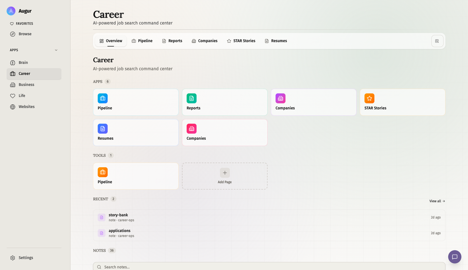 Augur Career workspace showing job-search and resume surfaces